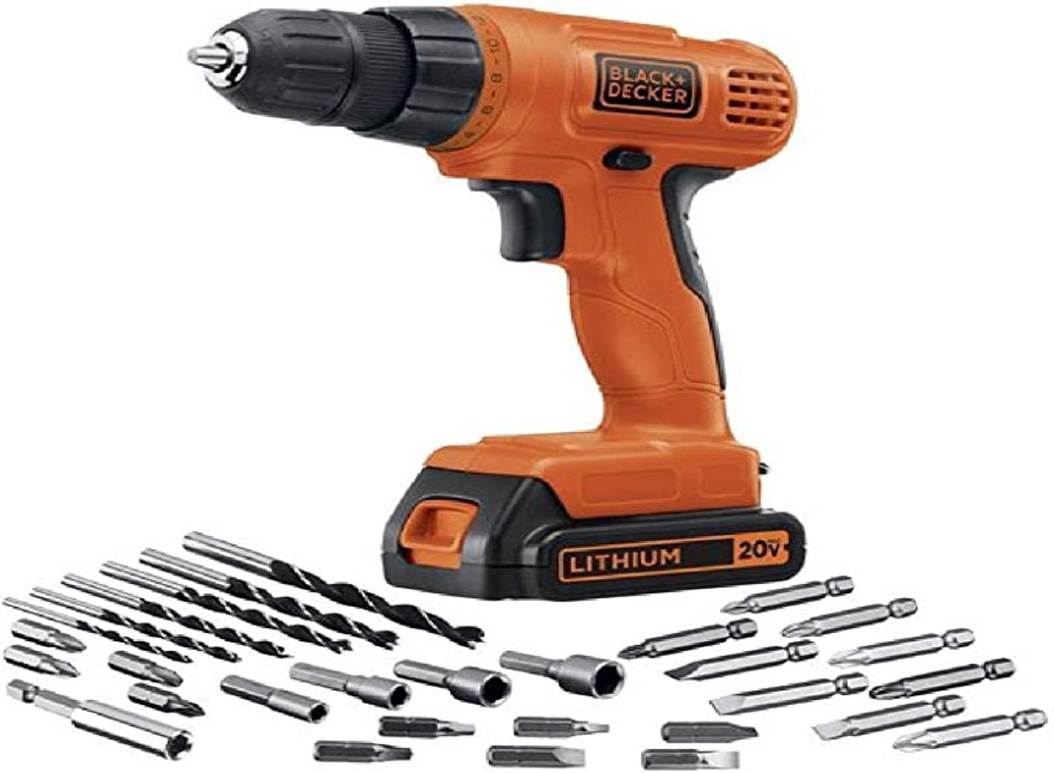 Orange Black+Decker cordless drill with accessories