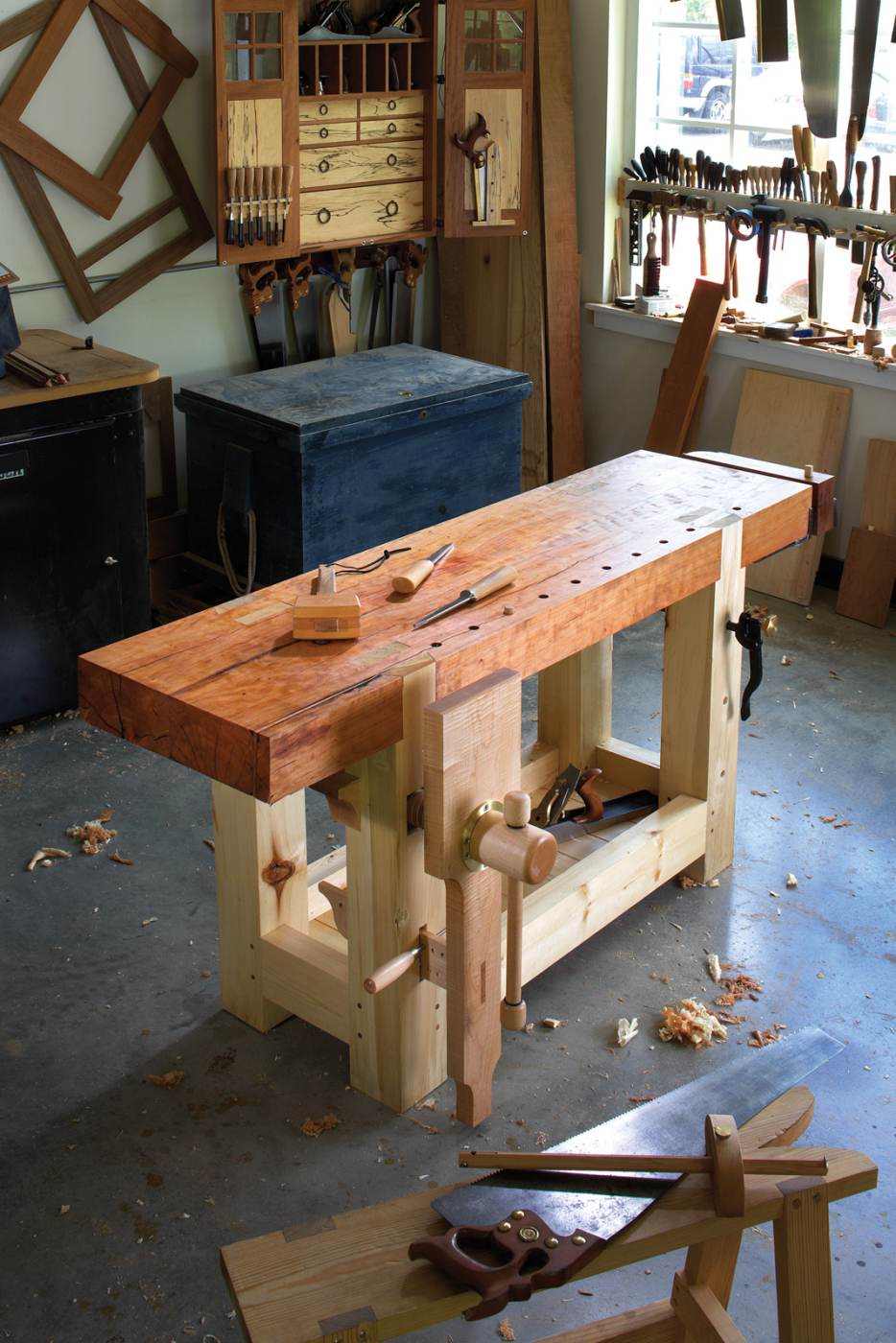 Woodworking. Wood working project on work bench, in a workshop